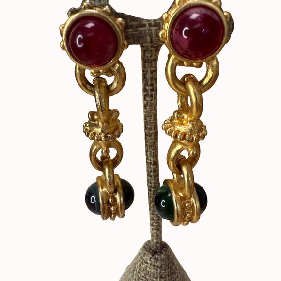 Gold Tone & Glass Beaded Toggle Necklace & Clip-On Earring Set With Red & Green - Picture 2 of 15